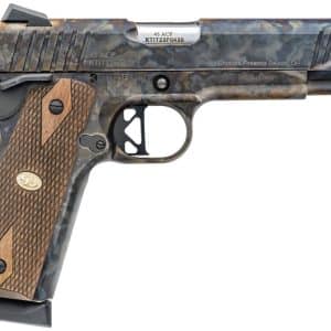 Side view of a camouflaged semi-automatic pistol with brown checkered wood grips and a detachable magazine, shown from the left.