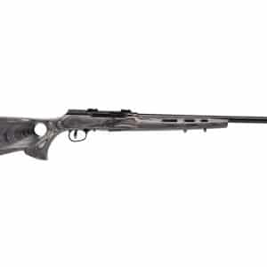 Bolt-action rifle shown in profile with a wood-grain stock and long rifle barrel