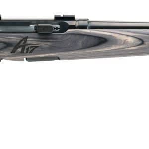 Bolt-action rifle with a gray wood-grain stock and long, plain barrel photographed from the side.