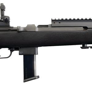 Black rifle with a long barrel and threaded suppressor, mounted iron sights, and a detachable magazine under the receiver.