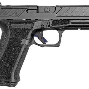 Black semi-automatic pistol shown in profile with textured grip and rail under the barrel edge, facing left