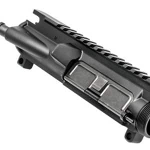 Black AR-style upper receiver with a Picatinny rail, shown in a diagonal view on a white background, muzzle at one end.