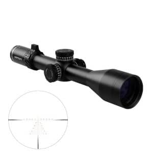 Black RitOn riflescope with adjustment dials and a large objective lens; inset shows a circular reticle crosshair for aiming.