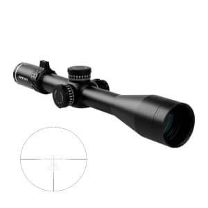 Black rifle scope with magnified lens and adjustment dials; inset shows a crosshair reticle in a circular view.