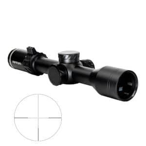 Black riflescope with adjustment knobs and a large front lens; a circular crosshair reticle diagram appears in the lower-left corner.