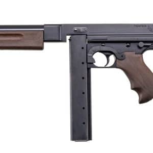 Thompson-style submachine gun with wooden fore-end and stock, isolated on white background