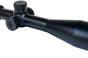 Black rifle scope with adjustment turrets and eyepiece, used for long-range aiming.