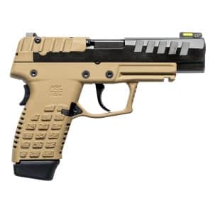 Tan-framed handgun shown from the side, focusing on the slide and grip with textured pattern.