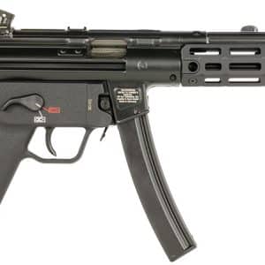 AR-style rifle with collapsible stock and long rails, detachable curved magazine, and front sight on a white background