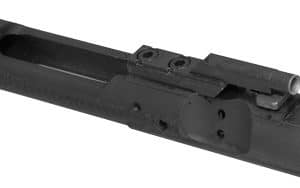 Black firearm upper receiver assembly with rail and bolt carrier visible.