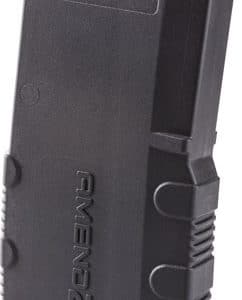 Black detachable pistol magazine standing upright with ribbed sides and base plate.