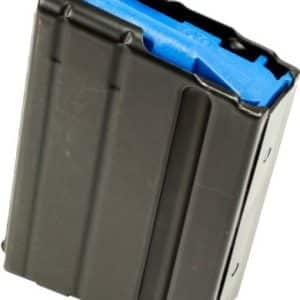 Black polymer pistol magazine with a blue follower, viewed from an angled side.