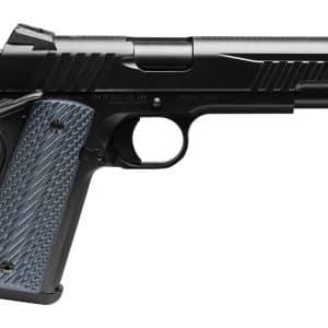 Close-up side view of a black semi-automatic pistol with a textured grip on a white background, showing the slide and trigger guard]
