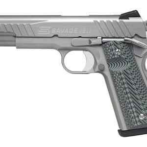 Silver semi-automatic pistol shown in profile with a textured grip and engraved slide reading 'SAVAGE 1911' for a product image description.