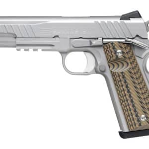 Silver semi-automatic pistol in left profile, engraved with 'SAVAGE 1911' and a patterned wooden grip viewable from the slide side.