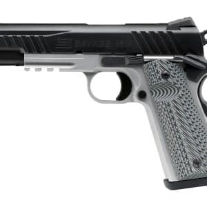 Side view of a two-tone Savage 1911 semi-automatic pistol with a textured grip and silver frame.