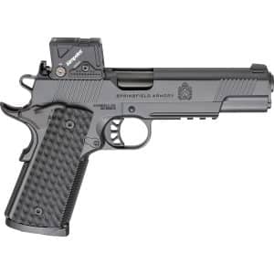 Close-up side view of a modern pistol with a mounted Aimpoint red-dot sight and textured grip, Springfield Armory branding on the slide.