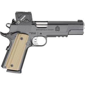 Close-up of a semi-automatic pistol with a mounted Aimpoint red-dot sight and textured grip, Springfield Armory branding visible