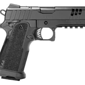 Left-side view of a semi-automatic handgun with a textured grip and accessory rails.