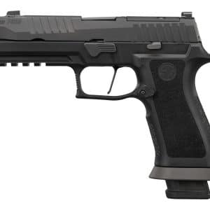 Side view of a black SIG Sauer P320 semi-automatic pistol with a detachable magazine in the grip