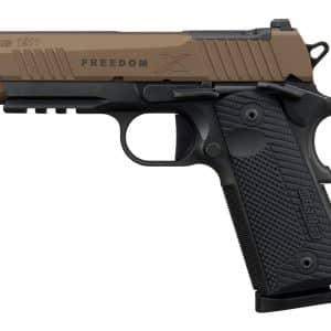 Side view of a tan-slide Sig Sauer 1911 pistol marked 'FREEDOM X' with a black textured grip