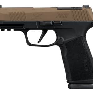 Semi-automatic handgun with a tan slide and black textured grip (Sig Sauer P365) shown in profile from the left side.