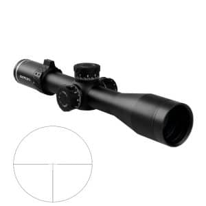 Black riflescope with adjustment dials and large objective lens, brand 'RITON' visible. inset shows a circular reticle with crosshairs and measurement marks for aiming.
