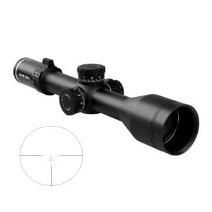 Black rifle scope with adjustment dials and a large objective lens; inset shows a crosshair reticle diagram.