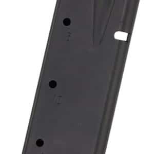 Gray pistol magazine with a blue follower, shown at an angle in a stand.