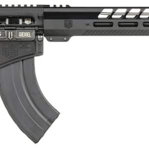 AR-style semi-automatic rifle with collapsible stock, pistol grip, curved magazine, and long rail handguard on a white background