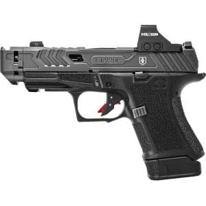 Close-up of a black handgun slide with a Holosun sights housing and textured grip,