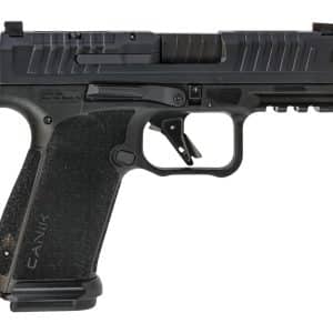 Compact semi-automatic pistol in profile with textured grip and rails on the slide, facing right.