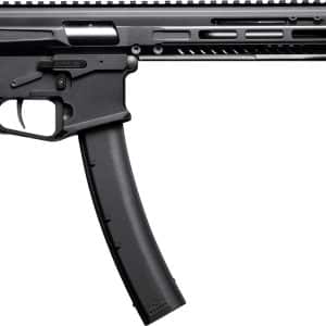 Side profile of a black AR-style assault rifle with a curved magazine and rail-equipped handguard.
