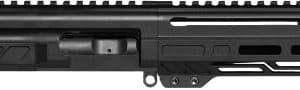 Side view of a black modular rifle upper receiver with a long picatinny fore-end and muzzle at the right edge