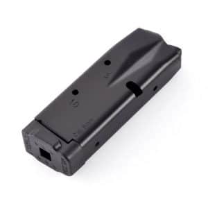Black 9mm pistol magazine on a white background, showing caliber markings and round-count indicators (5, 10).