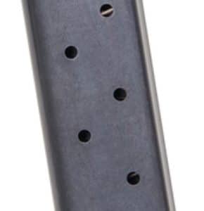 Metal pistol magazine with round witness holes, shown at an angle against a white background. (informational)