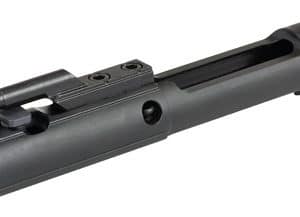 AR-15 style bolt carrier group with gas key, shown in side view (firearm component)
