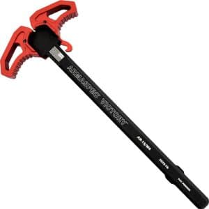 Red ice axe with a bright red head and black shaft, designed for ice climbing.