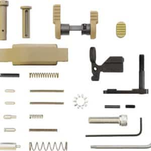Assorted tan and black firearm parts laid out on white background, including springs, pins, and levers for assembly/repair of a gun