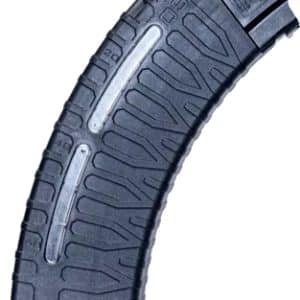 Curved rifle magazine with a textured surface and Schmeisser branding.