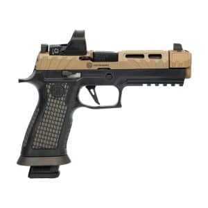 Side view of a tan-and-black SIG Custom Works semi-automatic pistol with a textured grip.