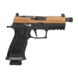 Side view of a semi-automatic pistol with a tan/bronze slide and black frame shown in profile