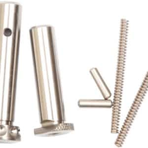 Assorted metal hardware: two cylindrical pins with bases, a short rod, two long helical springs, and two small pin-like pieces.
