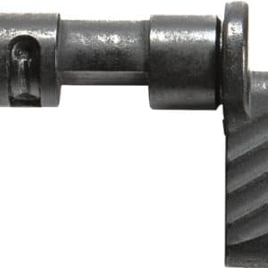 Close-up of a dark metal mechanical linkage with a serrated, knurled grip on the right end.