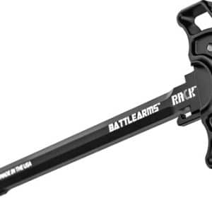 Black tactical baton with knurled handle and locking mechanism, Battle Arms Rack branding on the shaft.