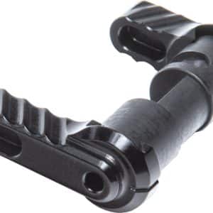 Black plastic mechanical coupling with a ridged lever and cylindrical joint (detachable hinge/connector part).