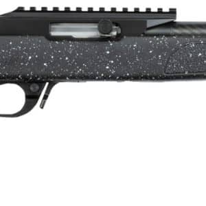 Bolt-action rifle with speckled black stock and long barrel shown in profile on a white background, ready to fire.