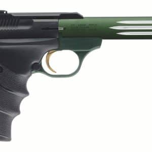 Black and green handgun with a long green barrel, black grip, and gold trigger, shown in profile