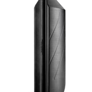 Tall black plastic bottle with a threaded screw-top neck, isolated on white background.