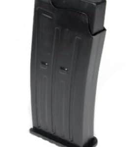 Black curved firearm magazine with a flat bottom plate, shown at an angle.
